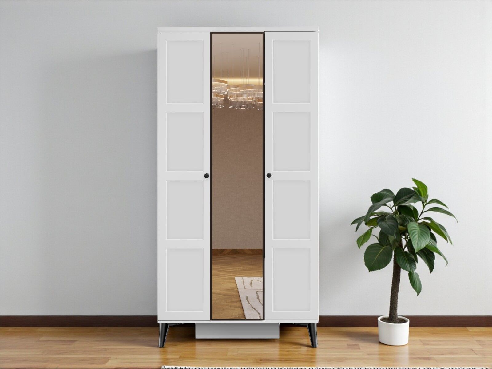 Birce 3 Kapaklı Çekmeceli MDF Membran Dolap Gardırop Beyaz Montaj Dahil