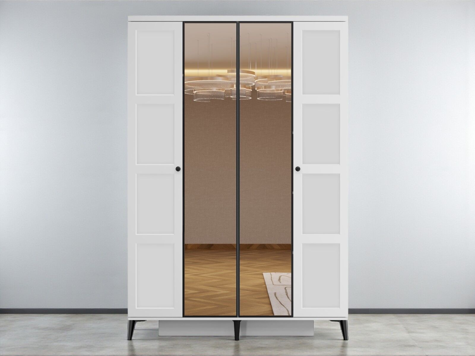 Birce 4 Kapaklı Çekmeceli MDF Membran Dolap Reflekte Cam Gardırop Beyaz Montaj Dahil