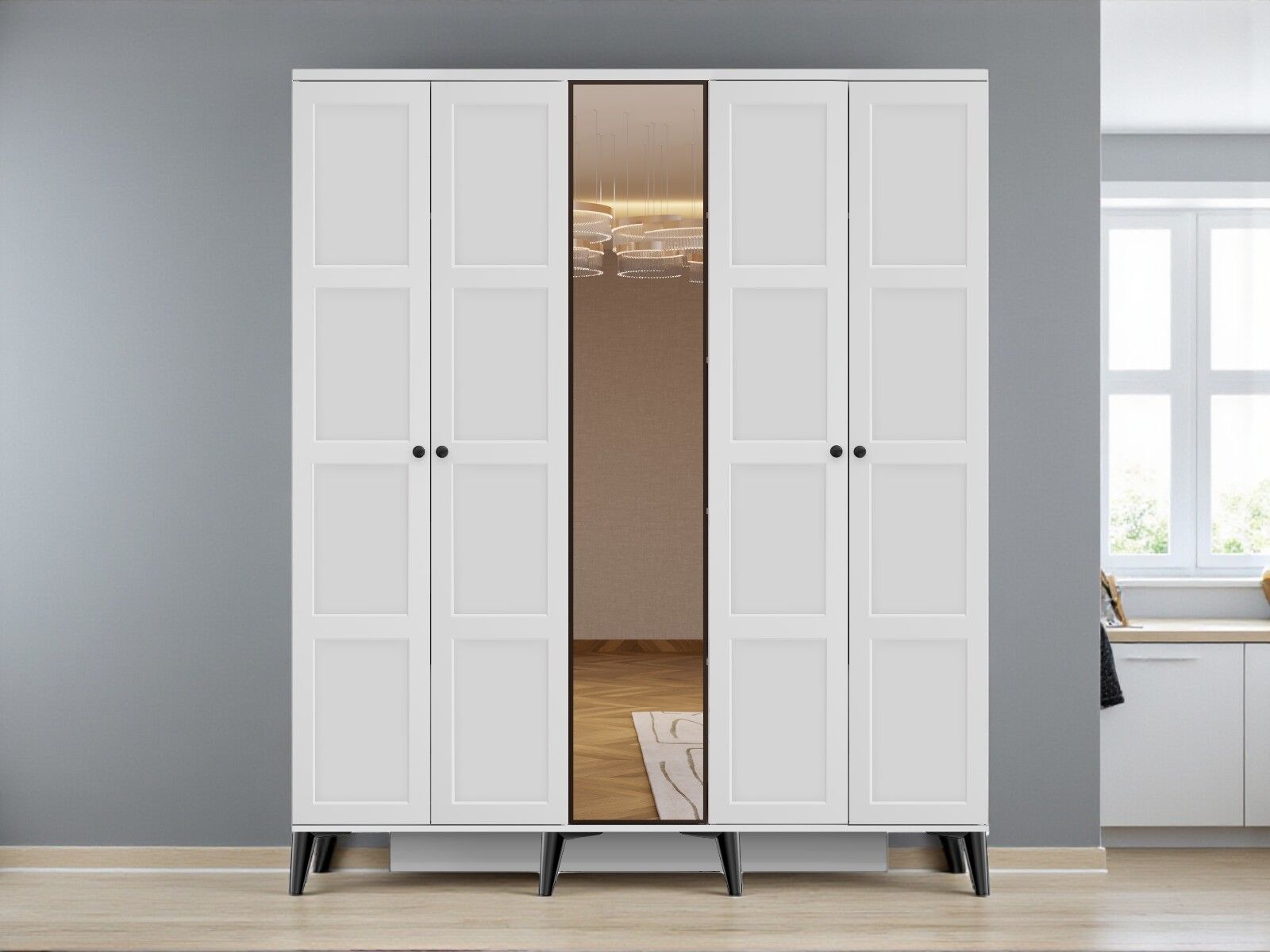 Birce 5 Kapaklı Çekmeceli MDF Membran Dolap Gardırop Beyaz Montaj Dahil