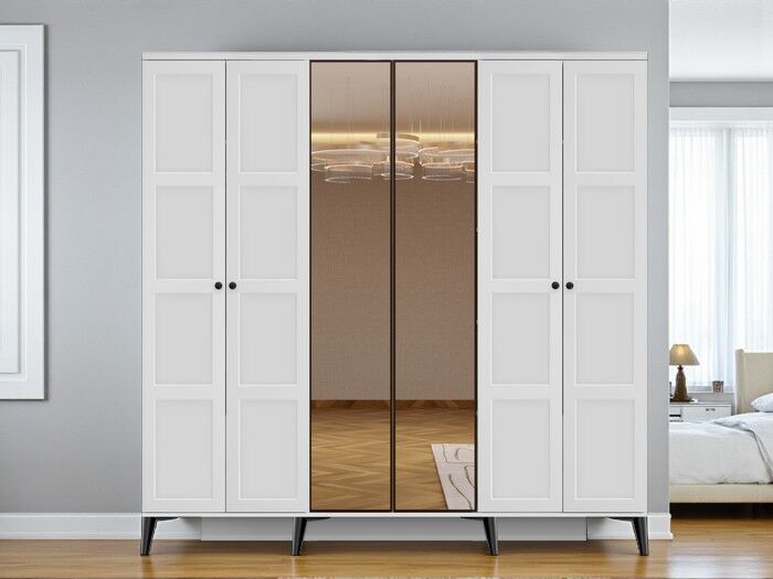 Birce 6 Kapaklı Çekmeceli MDF Membran Dolap Gardırop Beyaz Montaj Dahil