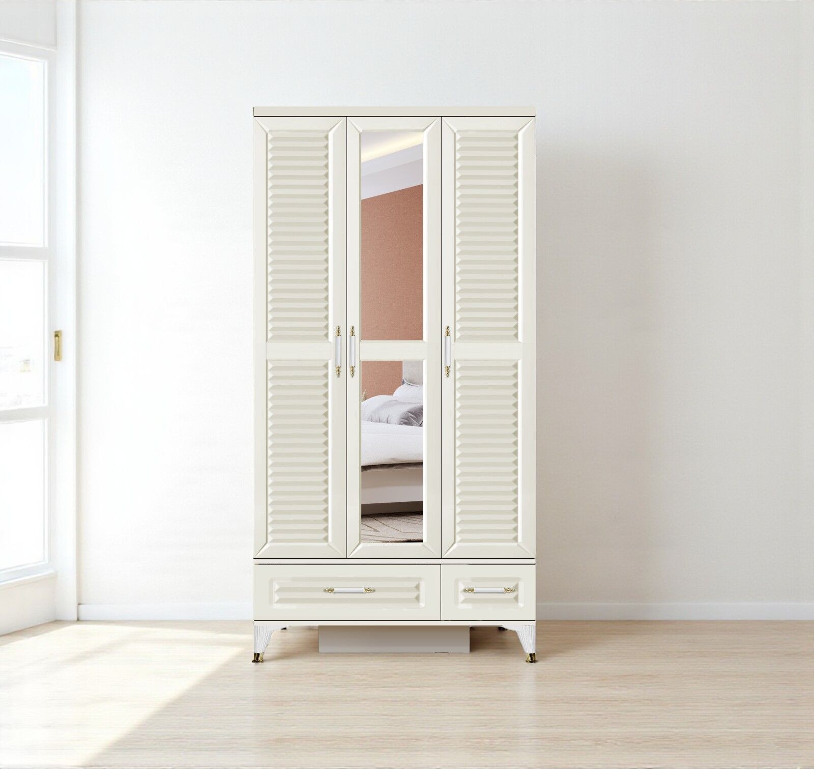 Çisil 3 Kapaklı Çekmeceli MDF Membran Dolap Gardırop Beyaz Montaj Dahil