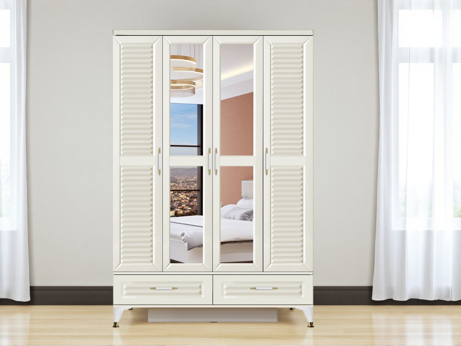 Çisil 4 Kapaklı Çekmeceli MDF Membran Dolap Gardırop Beyaz Montaj Dahil