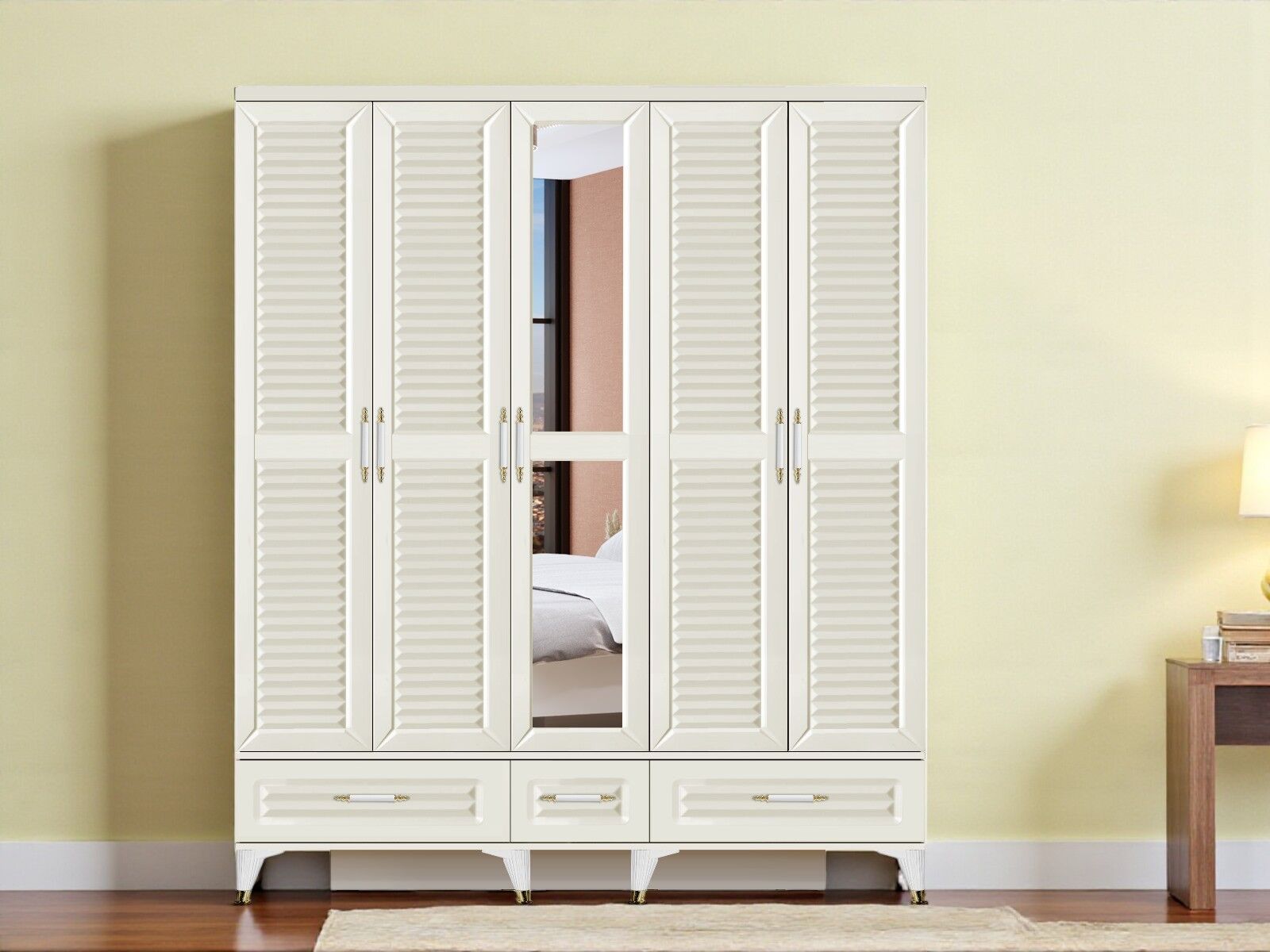 Çisil 5 Kapaklı Çekmeceli MDF Membran Dolap Gardırop Beyaz Montaj Dahil