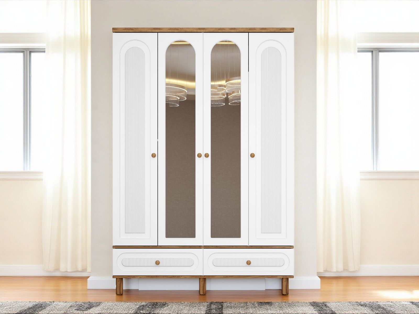 Hazan 4 Kapaklı Çekmeceli MDF Membran Dolap Gardırop Beyaz Montaj Dahil