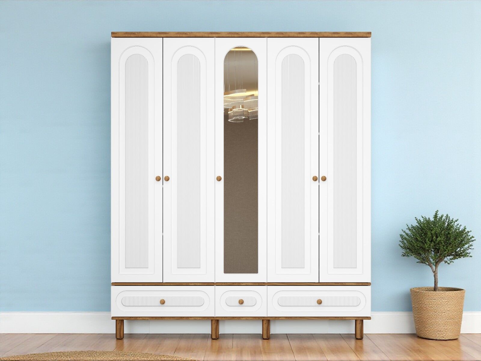 Hazan 5 Kapaklı Çekmeceli MDF Membran Dolap Gardırop Beyaz Montaj Dahil