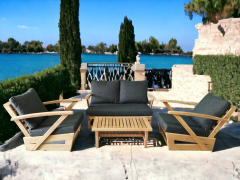 Monza Bahçe Balkon Masif Kestane Ahşap Kollu Koltuk Takımı 1 Adet Ikili 2 Adet Tekli ve Orta Sehpa Antrasit Gri