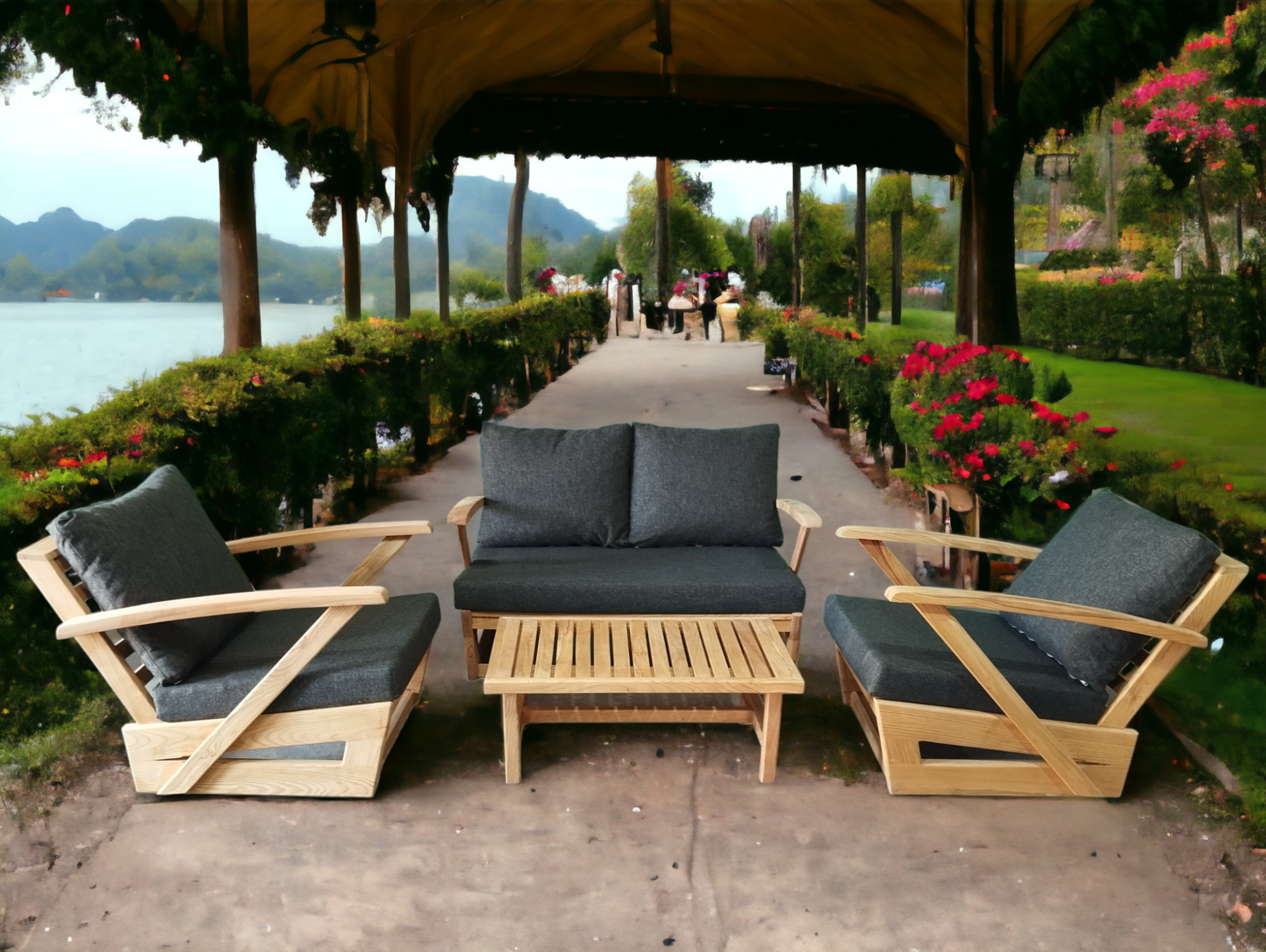 Monza Bahçe Balkon Masif Kestane Ahşap Kollu Koltuk Takımı 1 Adet Ikili 2 Adet Tekli ve Orta Sehpa Antrasit Gri