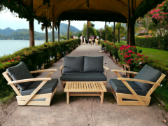 Monza Bahçe Balkon Masif Kestane Ahşap Kollu Koltuk Takımı 1 Adet Ikili 2 Adet Tekli ve Orta Sehpa Antrasit Gri