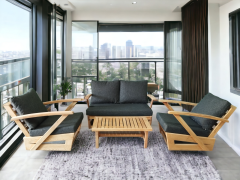 Monza Bahçe Balkon Masif Kestane Ahşap Kollu Koltuk Takımı 1 Adet Ikili 2 Adet Tekli ve Orta Sehpa Antrasit Gri