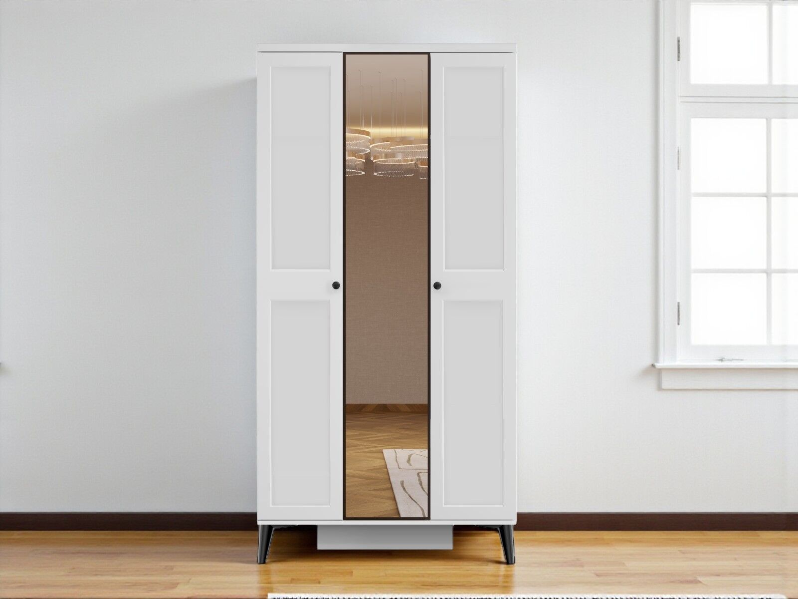 Tomris 3 Kapaklı  Çekmeceli MDF Membran Dolap Gardırop Beyaz Montaj Dahil