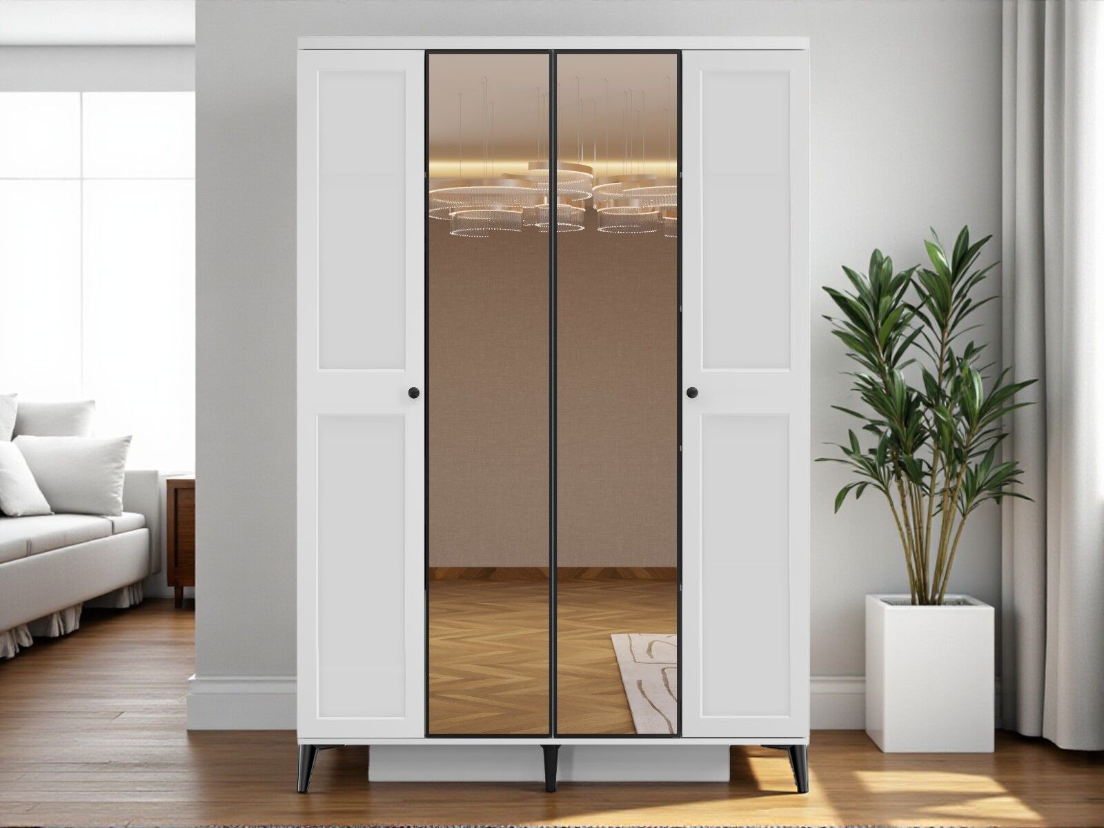 Tomris 4 Kapaklı Çekmeceli MDF Membran Dolap Reflekte Cam Gardırop Beyaz Montaj Dahil