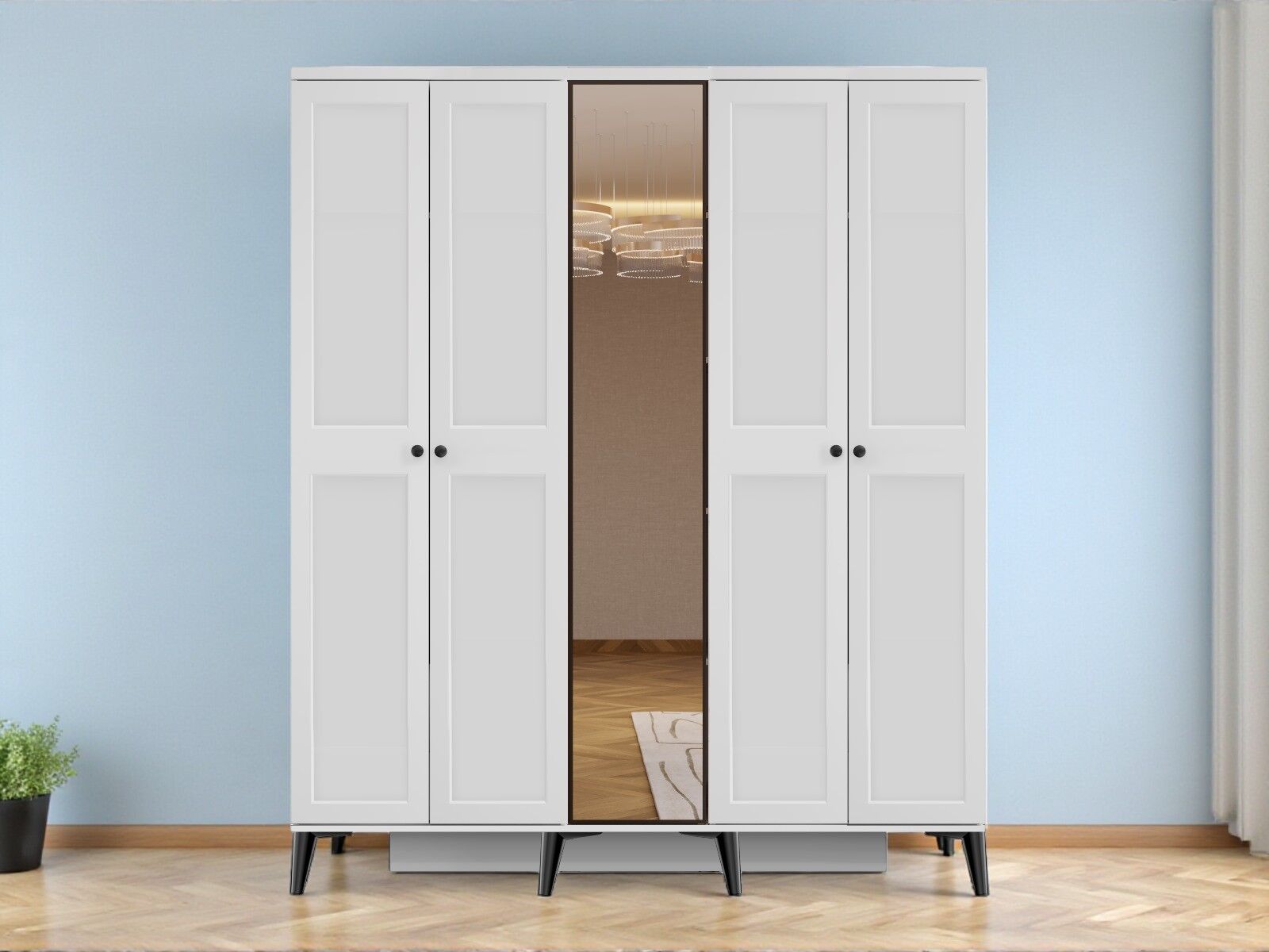 Tomris 5 Kapaklı Çekmeceli MDF Membran Dolap Gardırop Beyaz Montaj Dahil