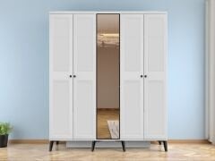 Tomris 5 Kapaklı Çekmeceli MDF Membran Dolap Reflekte Cam Gardırop Beyaz Montaj Dahil