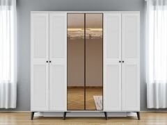 Tomris 6 Kapaklı Çekmeceli MDF Membran Dolap Reflekte Cam Gardırop Beyaz Montaj Dahil