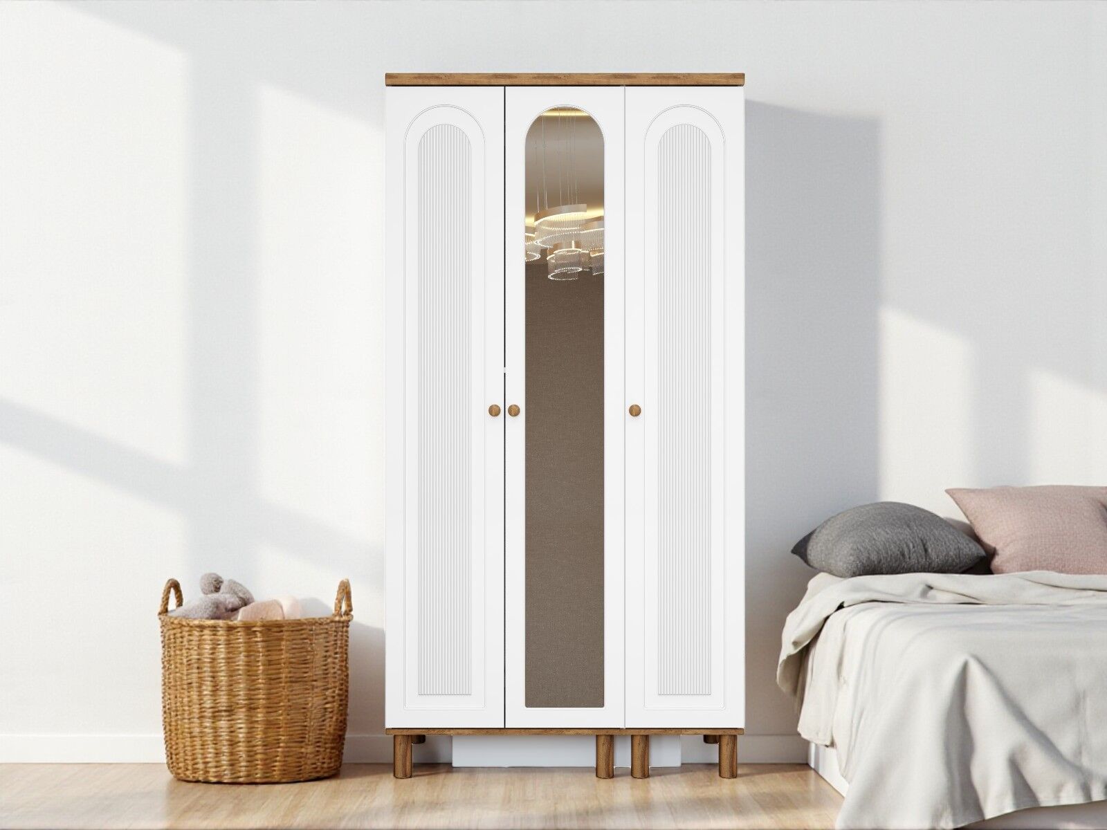 Gülce 3 Kapaklı Çekmeceli MDF Membran Dolap Gardırop Beyaz Montaj Dahil