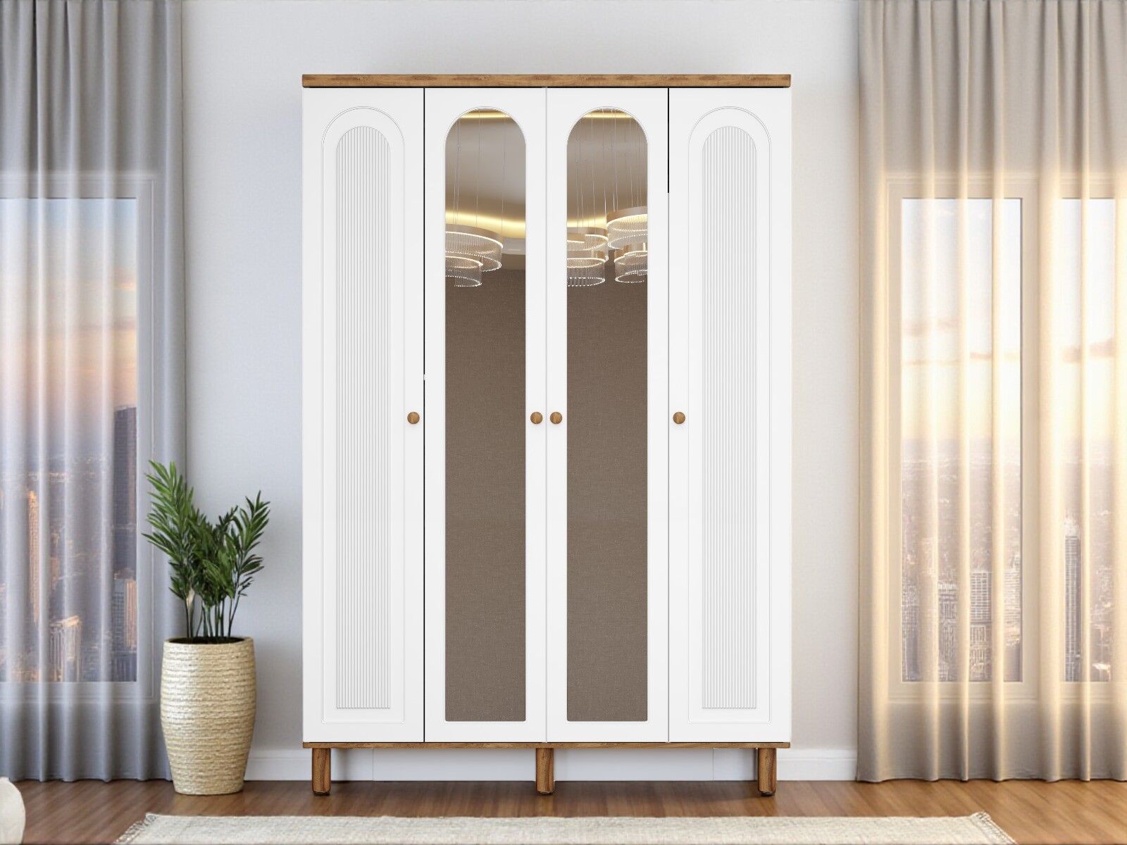 Gülce 4 Kapaklı Çekmeceli MDF Membran Dolap Gardırop Beyaz Montaj Dahil