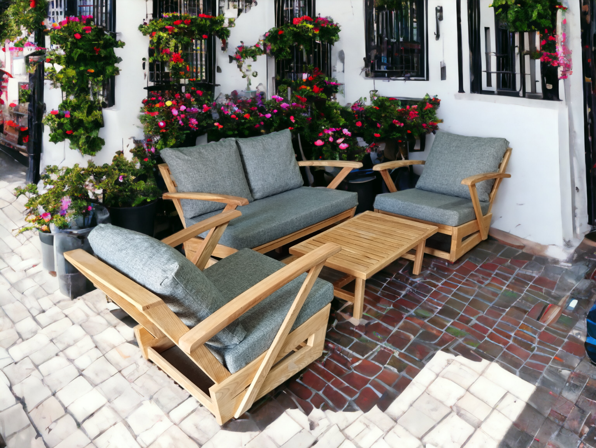 Monza Bahçe Balkon Masif Kestane Ahşap Kollu Koltuk Takımı -1 Adet Ikili 2 Adet Tekli ve Orta Sehpa Gri