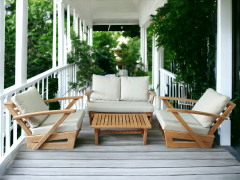 Monza Bahçe Balkon Masif Kestane Ahşap Kollu Koltuk Takımı - 1 Adet Ikili 2 Adet Tekli ve Orta Sehpa Krem