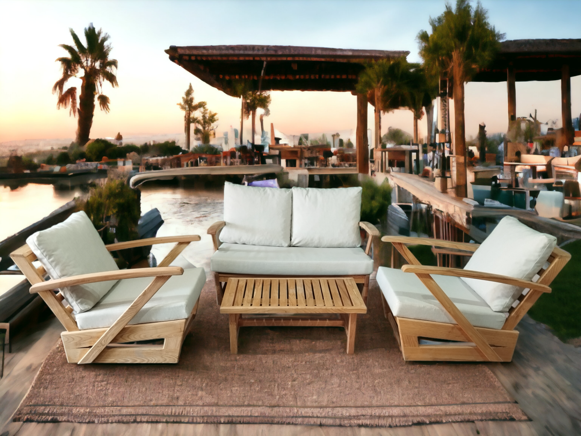 Monza Bahçe Balkon Masif Kestane Ahşap Kollu Koltuk Takımı - 1 Adet Ikili 2 Adet Tekli ve Orta Sehpa Krem