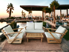 Monza Bahçe Balkon Masif Kestane Ahşap Kollu Koltuk Takımı - 1 Adet Ikili 2 Adet Tekli ve Orta Sehpa Krem