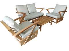 Monza Bahçe Balkon Masif Kestane Ahşap Kollu Koltuk Takımı - 1 Adet Ikili 2 Adet Tekli ve Orta Sehpa Krem