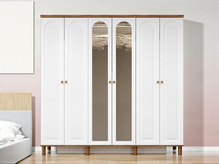 Gülce 6 Kapaklı Çekmeceli MDF Membran Dolap Gardırop Beyaz Montaj Dahil