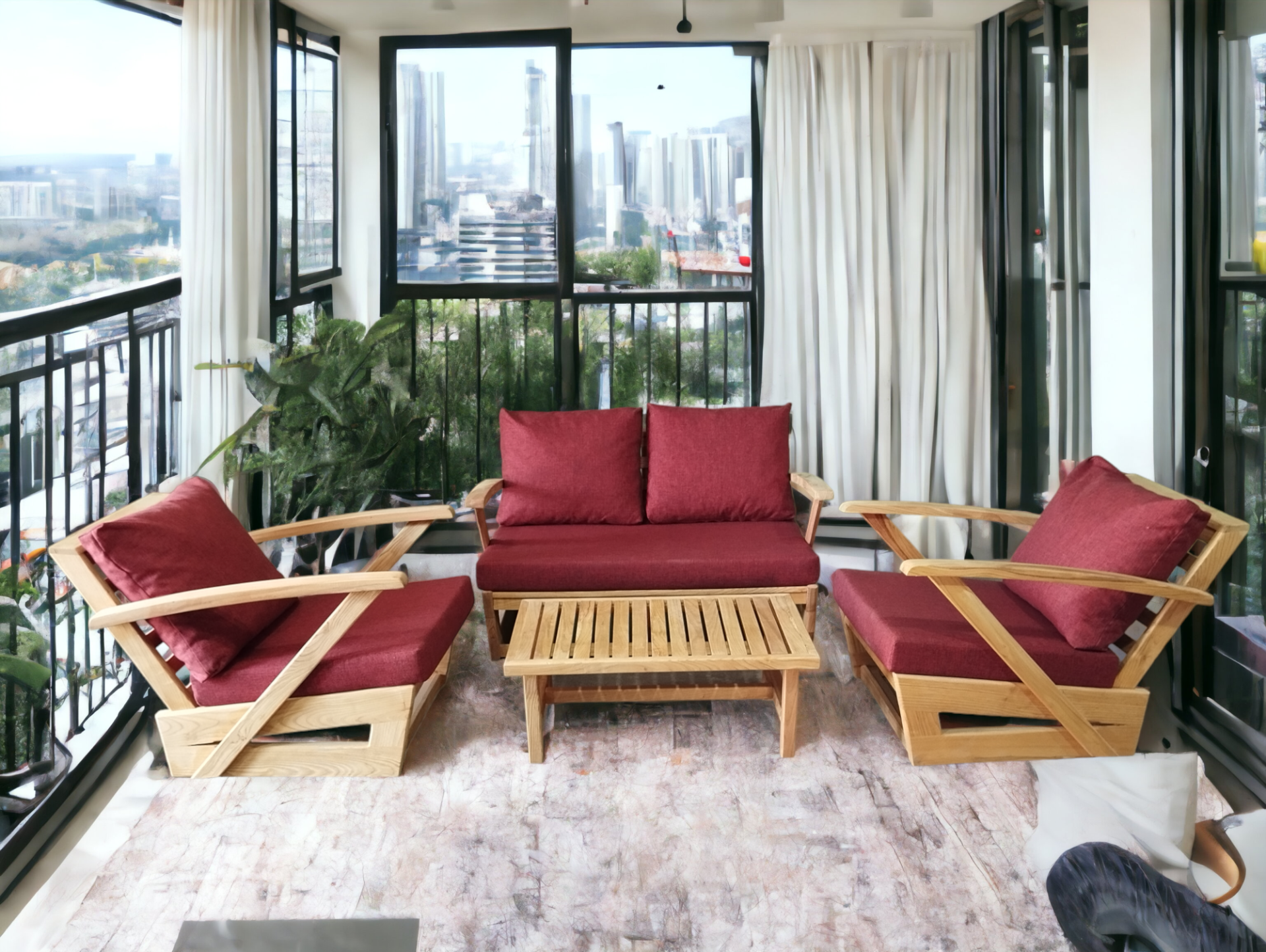 Monza Bahçe Balkon Masif Kestane Ahşap Kollu Koltuk Takımı 1 Adet Ikili 2 Adet Tekli ve Orta Sehpa Bordo