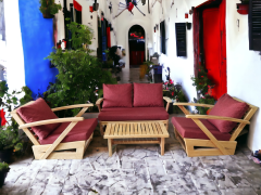 Monza Bahçe Balkon Masif Kestane Ahşap Kollu Koltuk Takımı 1 Adet Ikili 2 Adet Tekli ve Orta Sehpa Bordo