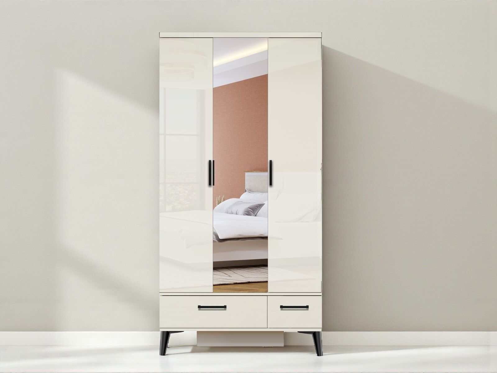 Yağmur 3 Kapaklı Çekmeceli MDF Dolap High Gloss Gardırop Beyaz Montaj Dahil