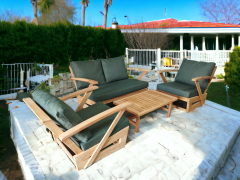 Monza Bahçe Balkon Masif Kestane Ahşap Kollu Koltuk Takımı 1 Adet Ikili 2 Adet Tekli ve Orta Sehpa Haki Yeşil