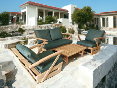 Monza Bahçe Balkon Masif Kestane Ahşap Kollu Koltuk Takımı 1 Adet Ikili 2 Adet Tekli ve Orta Sehpa Haki Yeşil