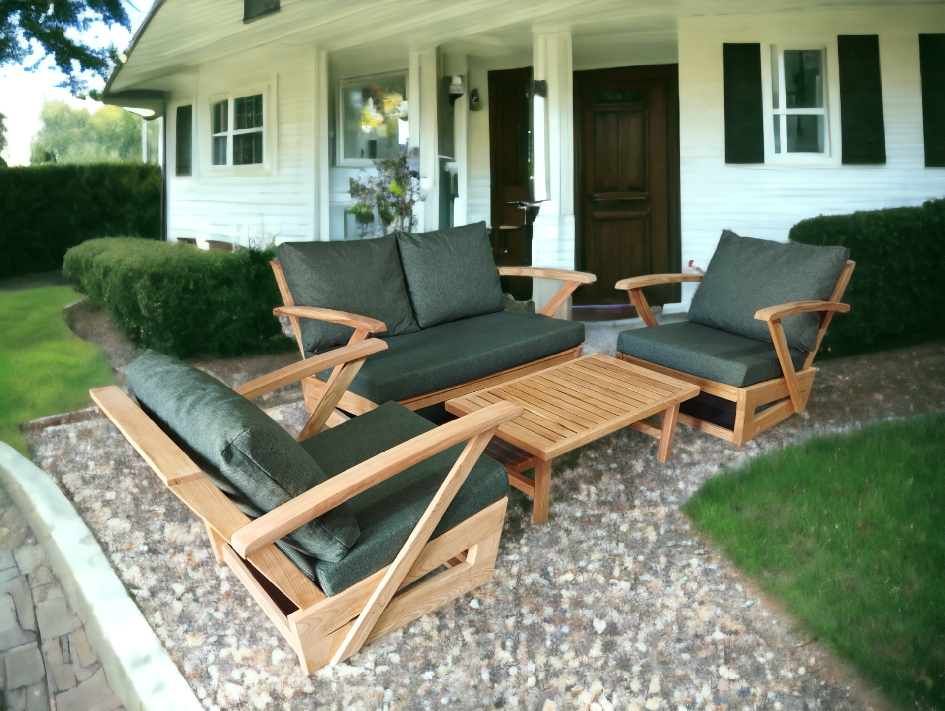 Monza Bahçe Balkon Masif Kestane Ahşap Kollu Koltuk Takımı 1 Adet Ikili 2 Adet Tekli ve Orta Sehpa Haki Yeşil