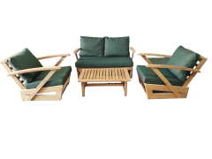 Monza Bahçe Balkon Masif Kestane Ahşap Kollu Koltuk Takımı 1 Adet Ikili 2 Adet Tekli ve Orta Sehpa Haki Yeşil