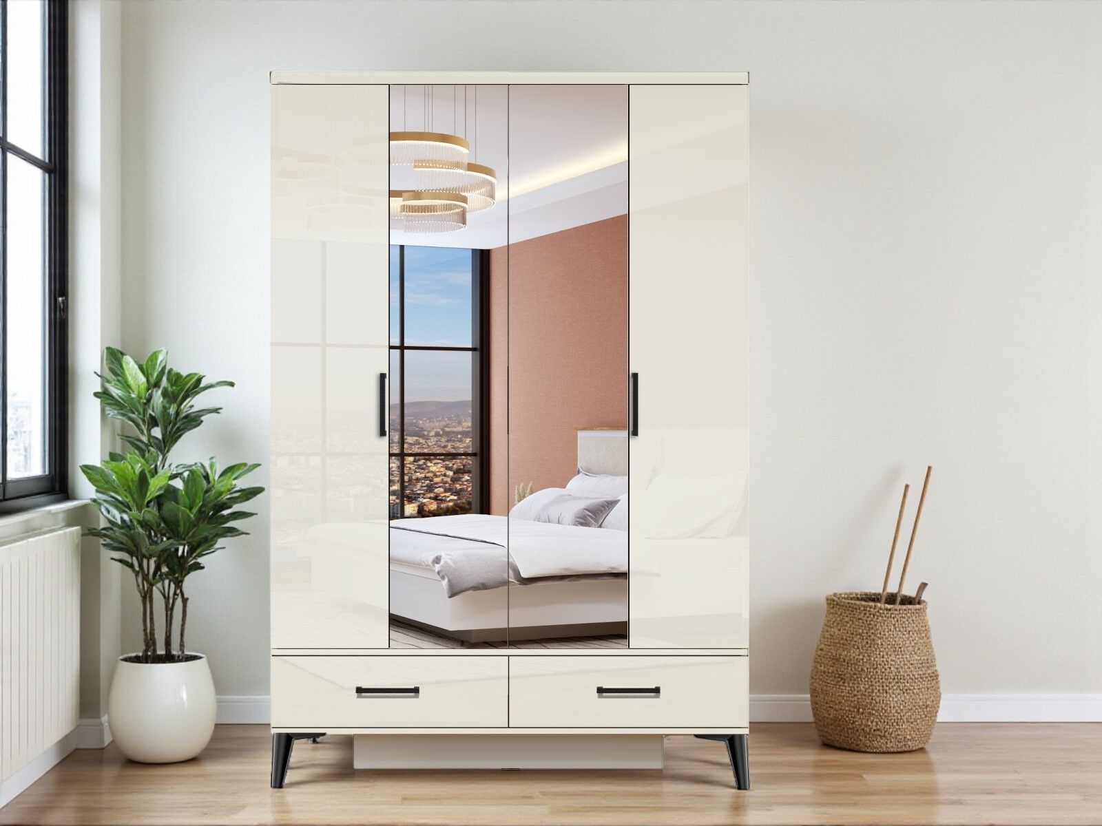 Yağmur 4 Kapaklı Çekmeceli MDF Dolap High Gloss Gardırop Beyaz Montaj Dahil
