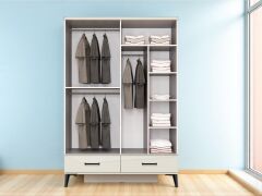 Yağmur 4 Kapaklı Çekmeceli MDF Dolap High Gloss Gardırop Beyaz Montaj Dahil