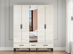 Yağmur 5 Kapaklı Çekmeceli MDF Dolap High Gloss Gardırop Beyaz Montaj Dahil