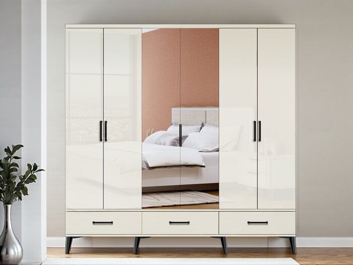 Yağmur 6 Kapaklı Çekmeceli MDF Dolap High Gloss Gardırop Beyaz Montaj Dahil
