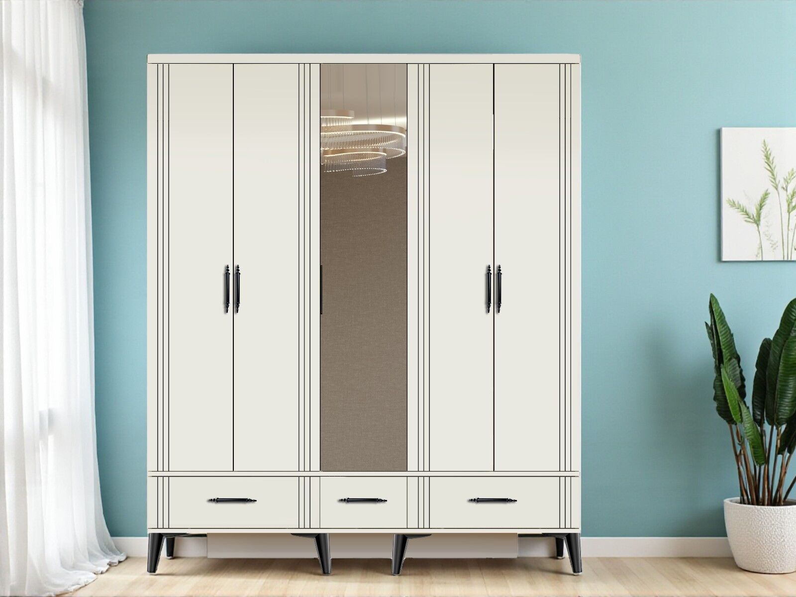 Belissa 5 Kapaklı Çekmeceli MDF Membran Dolap Gardırop Beyaz Montaj Dahil