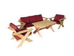 Berlin Masif Ahşap Bahçe Balkon Koltuk Takımı Kestane Ağacı - 1 adet Üçlü 2 Adet Tekli ve Masa Bordo A.T.