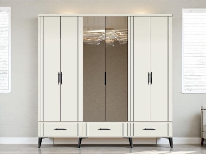 Belissa 6 Kapaklı Çekmeceli MDF Dolap High Gloss Gardırop Beyaz Montaj Dahil