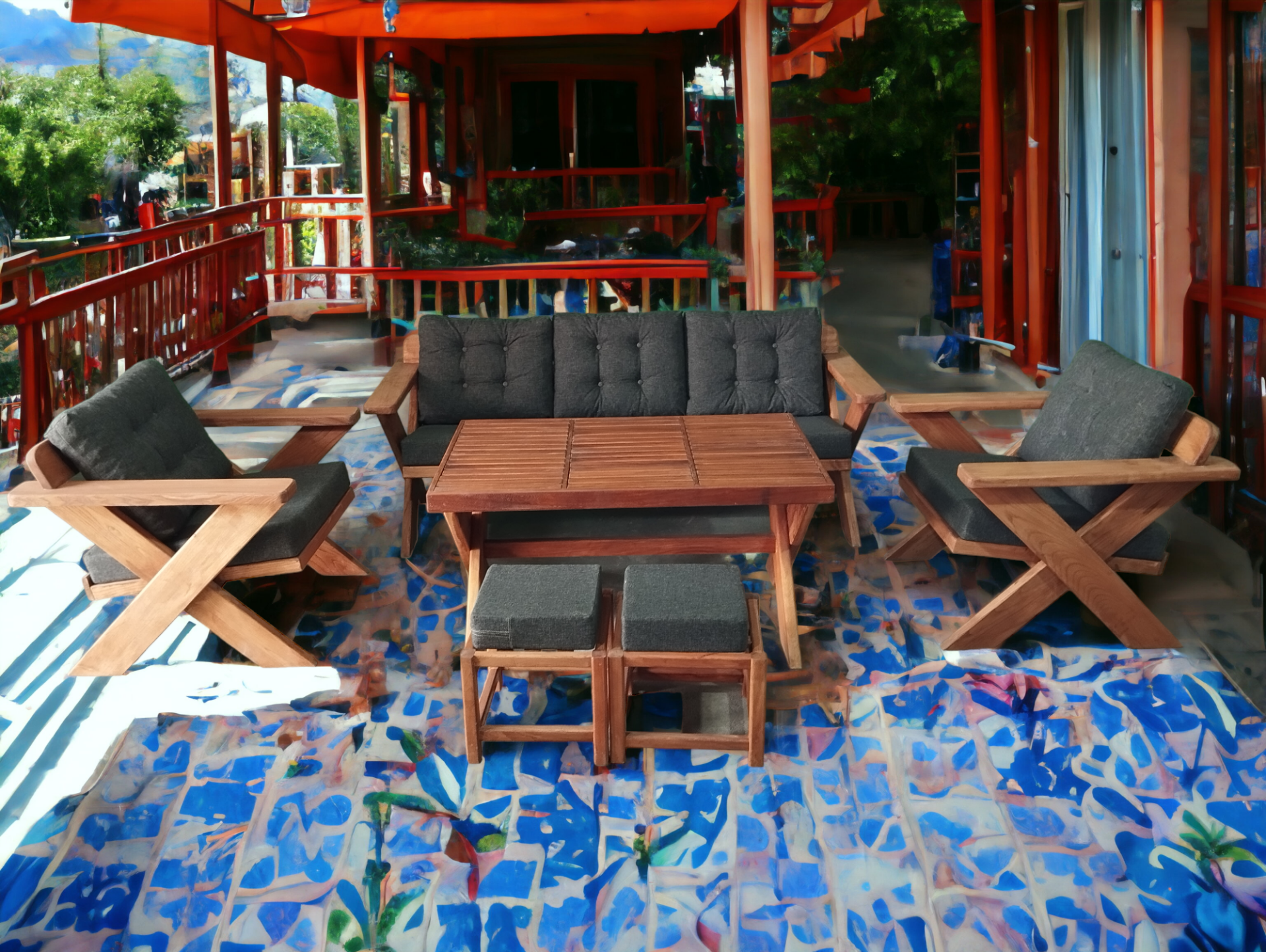 Berlin Masif Ahşap Bahçe Balkon Koltuk Kestane Ağacı 3+1+1 Koltuk, Masa ve Puf Takımı Antrasit Gri K.T.