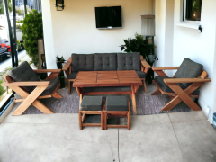 Berlin Masif Ahşap Bahçe Balkon Koltuk Kestane Ağacı 3+1+1 Koltuk, Masa ve Puf Takımı Antrasit Gri K.T.