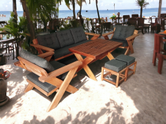 Berlin Masif Ahşap Bahçe Balkon Koltuk Kestane Ağacı 3+1+1 Koltuk, Masa ve Puf Takımı Antrasit Gri K.T.