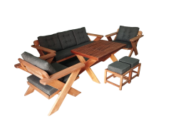 Berlin Masif Ahşap Bahçe Balkon Koltuk Kestane Ağacı 3+1+1 Koltuk, Masa ve Puf Takımı Antrasit Gri K.T.