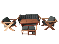 Berlin Masif Ahşap Bahçe Balkon Koltuk Kestane Ağacı 3+1+1 Koltuk, Masa ve Puf Takımı Antrasit Gri K.T.