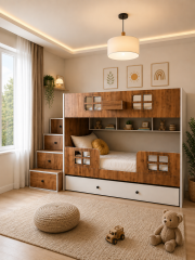 Vitray Tamamı MDF Yavrulu Fonksiyonel Merdivenli Ranza Ceviz Beyaz- Ücretsiz Teslimat ve Kurulum Hizmeti