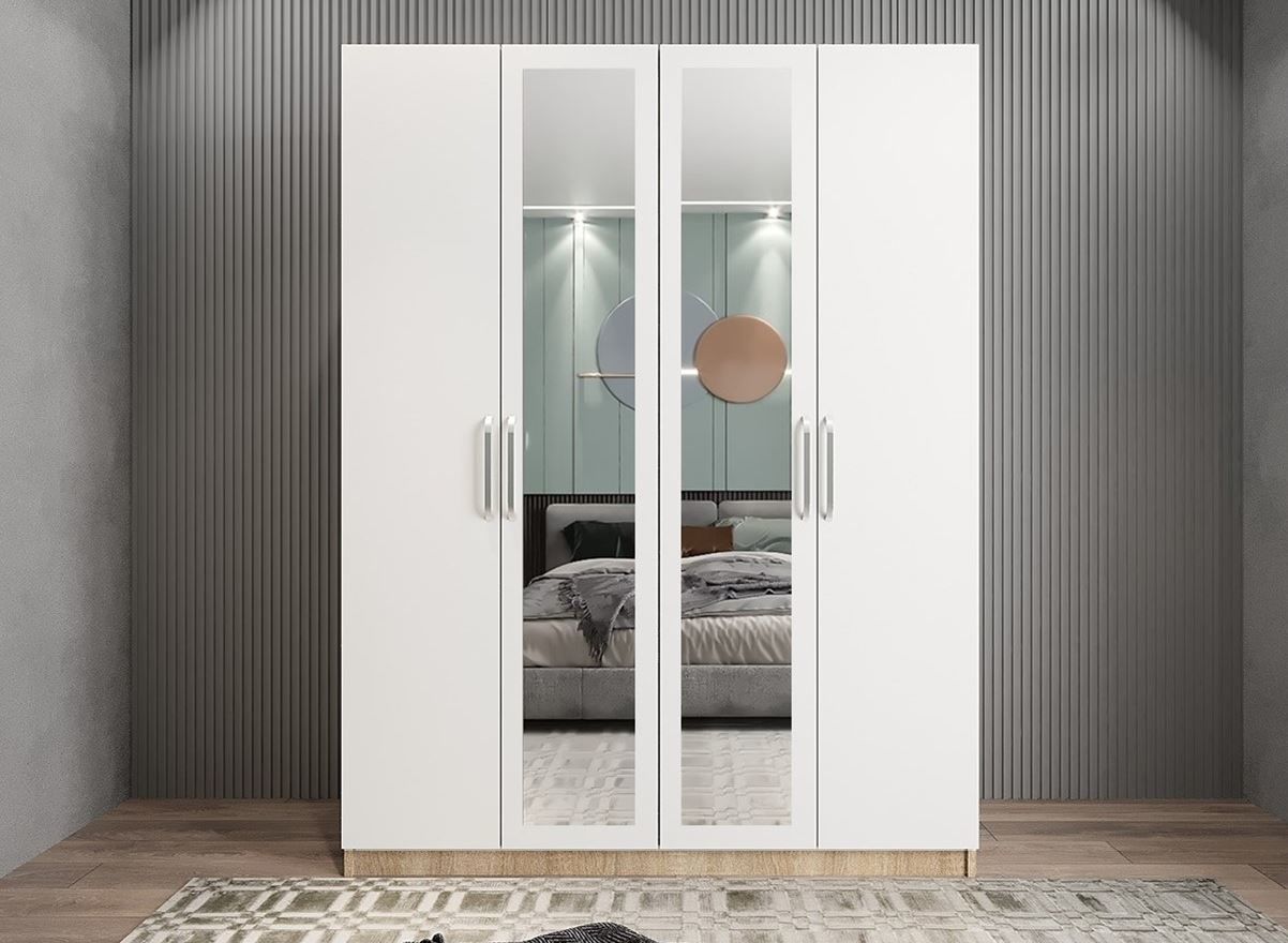 Bevel 4 Kapaklı Gizli Çekmeceli Gardırop Dolap Meşe Beyaz Ölçü Seçenekli