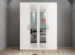 Bevel 4 Kapaklı Gizli Çekmeceli Gardırop Dolap Meşe Beyaz Ölçü Seçenekli