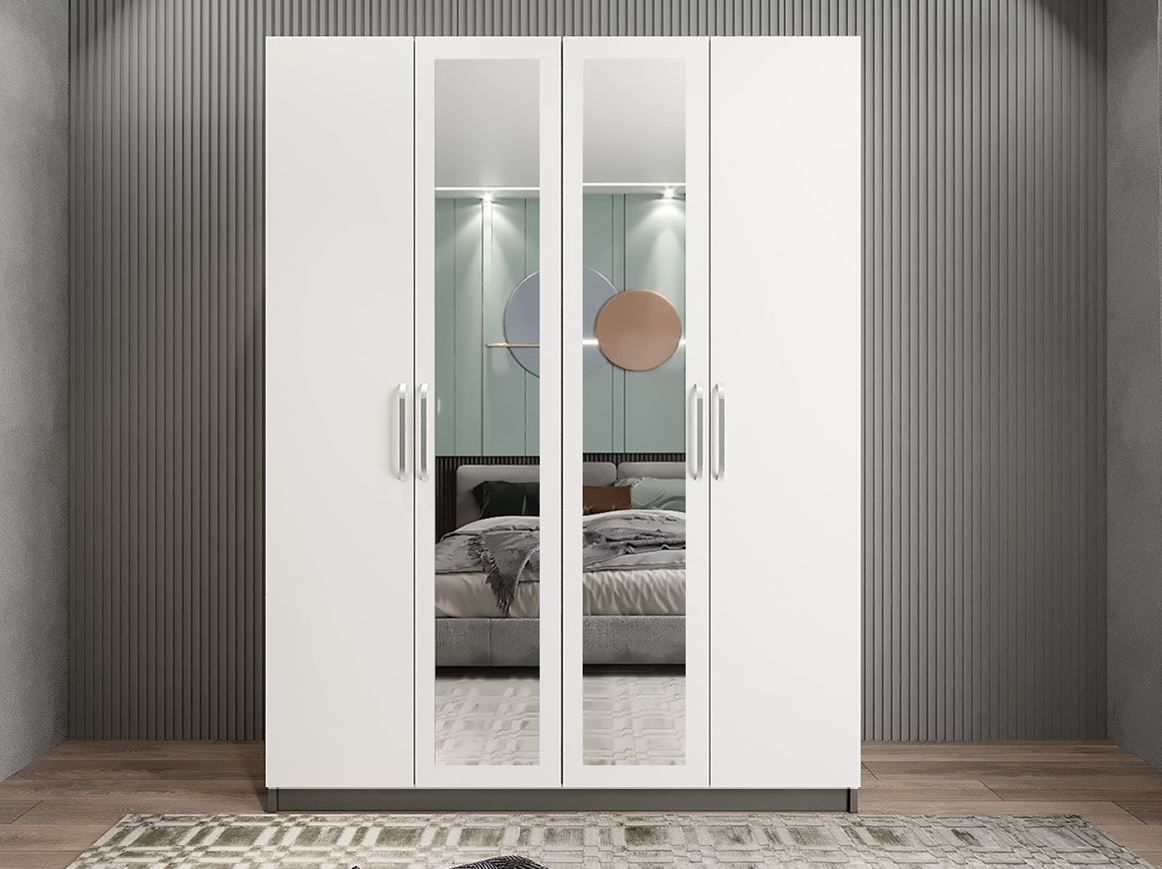 Bevel 4 Kapaklı Gizli Çekmeceli Gardırop Dolap Füme Beyaz Ölçü Seçenekli