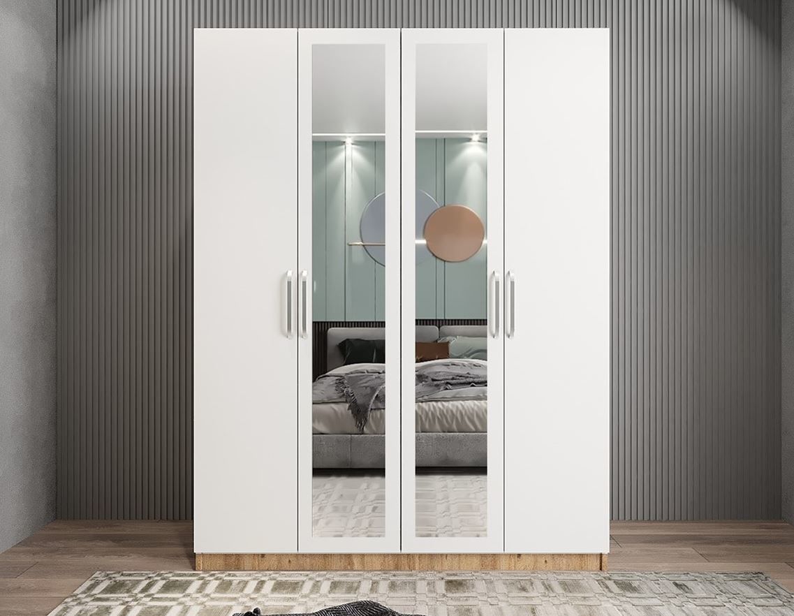 Bevel 4 Kapaklı Gizli Çekmeceli Gardırop Dolap Çam Beyaz Ölçü Seçenekli